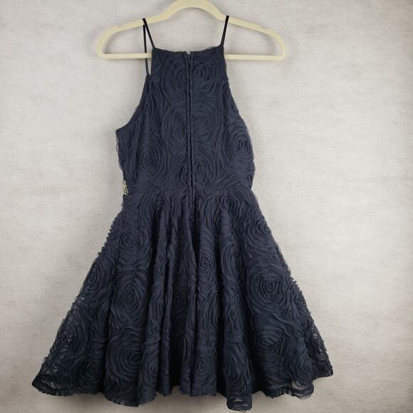 Trixxi Size 5 High Neck Fit & Flare Mini Dress Navy Textured Floral Rhinestone - Picture 9 of 11